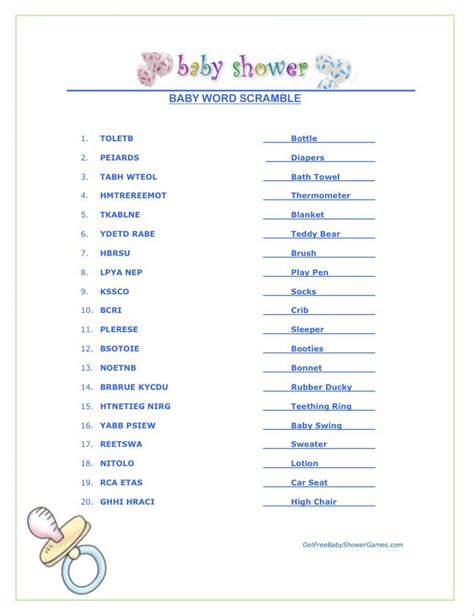 Free Printable Baby Shower Games Unscramble Words