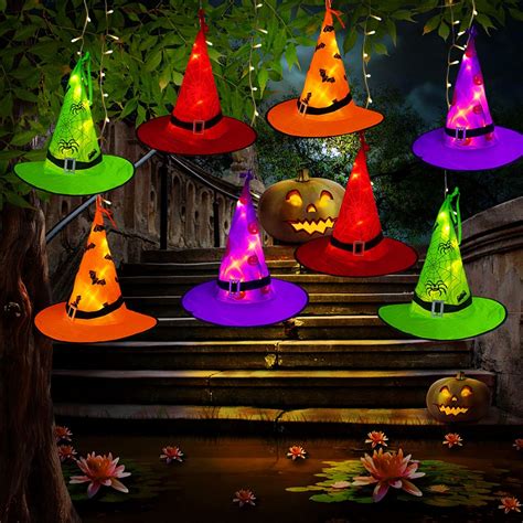 Multi Color 8pcs Hanging Lighted Glowing Witch Hat Party Decor Battery