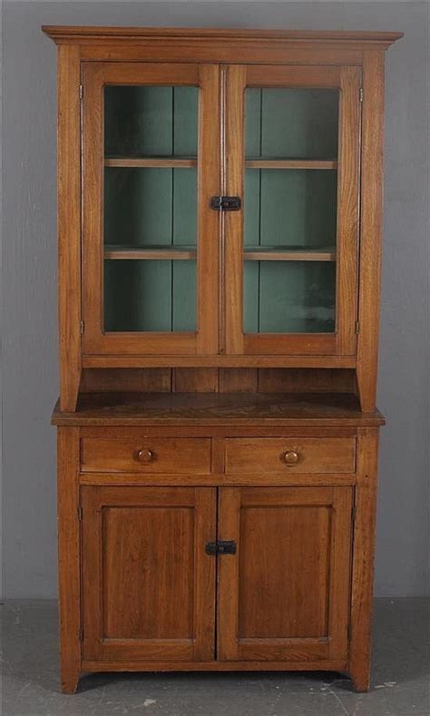 Antique mahogany wood 2 door tall narrow corner cabinet with light. Oak Two Piece Stepback Cupboard with Glass Doors and Pie Shelf Inte Lot 5543 | eBay | Antique ...