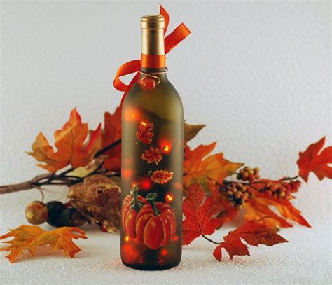Autumn Leaves And Pumpkins Hand Painted On Wine Bottle Light Filled