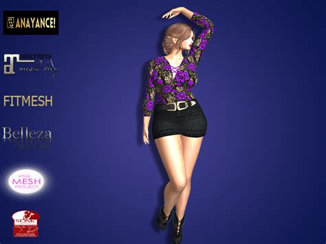 Second Life Marketplace Anayance Purple Floral Outfit With Belt