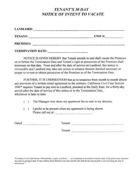Tenant 30 Day Notice To Vacate Free Printable Documents