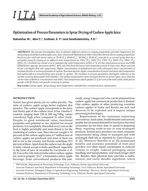 Pdf Optimization Of Process Parameters In Spray Drying Of Cashew