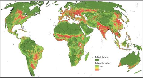 Global Distribution Of Biodiversity Intactness Light Green And