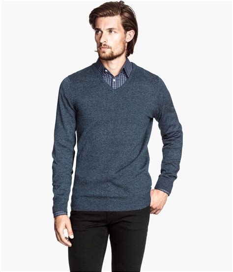 Long Sleeve V Neck Sweater In Dark Blue Hmmen Fine Knit Sweater