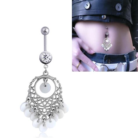 White Gem L Surgical Steel Navel Piercing Rhinestone Dangle Belly Button Ring Fashion Body