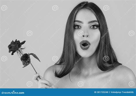 Beautiful Surprised Woman With Red Rose Flower Red Lips And Rose Beauty Girl Sensual Mouth