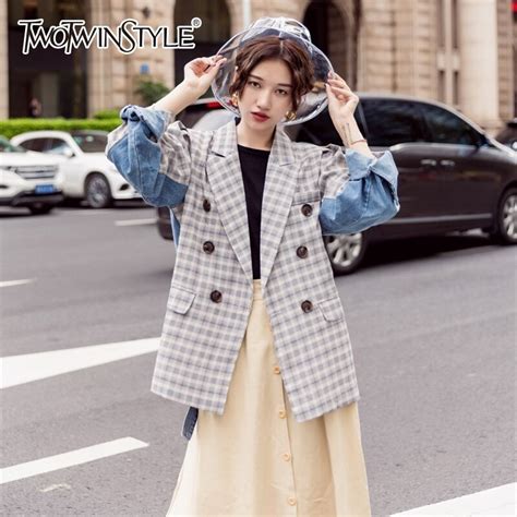 Twotwinstyle Casual Patchwork Plaid Denim Blazer Coat Female Long Sleeve Hit Colors Women S Suit