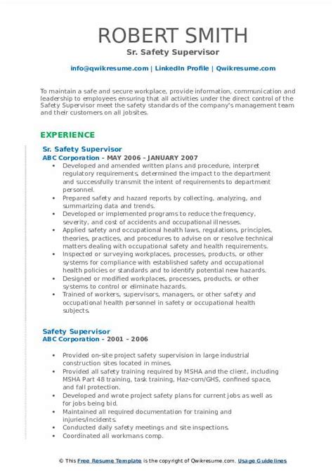 Safety Supervisor Resume Samples Qwikresume