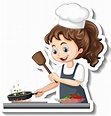 Pegatina de personaje de dibujos animados con chef chica cocinando ...