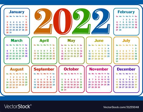 Calendar For 2022 Royalty Free Vector Image Vectorstock