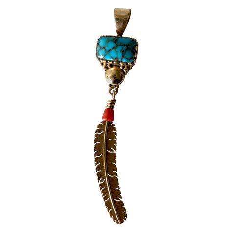 Boyd Tsosie 14 Karat Gold Turquoise Coral American Navajo Eagle Feather