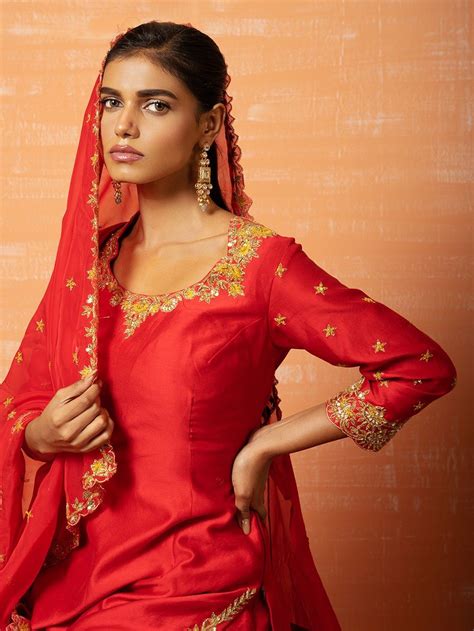 Buy Red Hand Embroidered Chanderi Silk Suit With Organza Dupatta Set