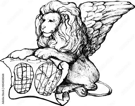Mythical Lion With Wings Sitting On Its Hind Legs And Holding A World