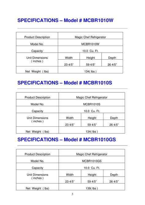 Specifications - model # mcbr1010w, Specifications - model # mcbr1010s ...