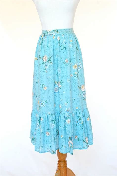 70s Vintage Skirt Prairie Skirt Aqua Blue Floral Etsy Vintage