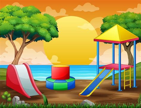 Escena De Fondo Con Parque Infantil En Riverside Vector Premium