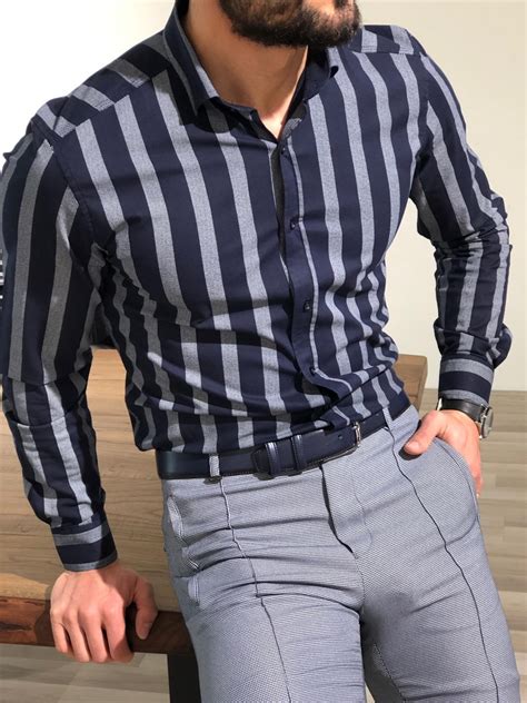 Buy Navy Blue Slim Fit Striped Shirt By With Free Shipping
