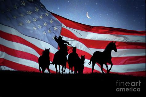 American Cowboy With Wild Horses And Flag Surreal Moon And Stars