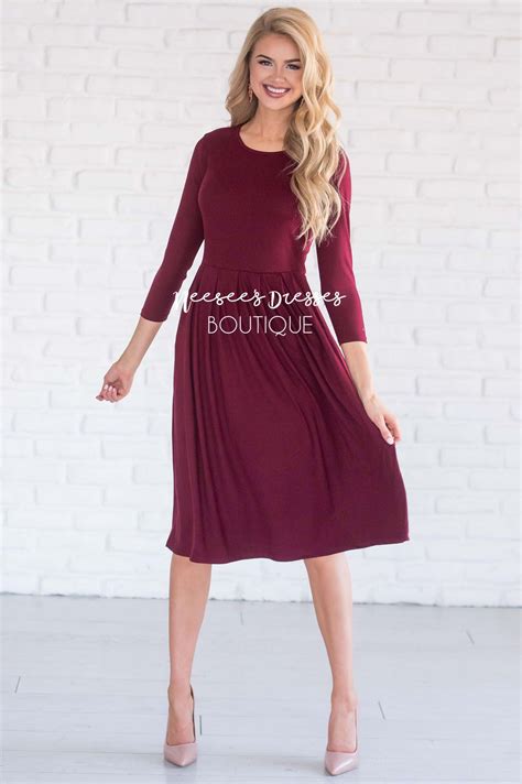 Burgundy Pleated Pocket Dress Best Place To Buy Modest Dresses Online