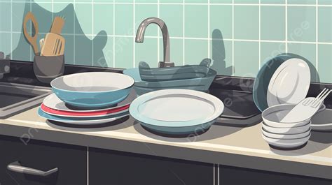 رسم متحرك بعنوان مطبخ مليء بالأطباق كيف تغسل الصحون خطوة بخطوة بالصورة