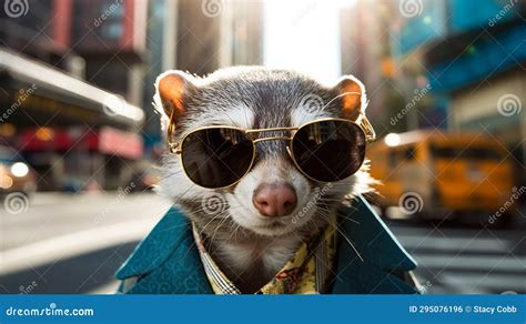 A Ferret Or Weasel Wearing Sunglasses And Dressed In A Suit On A City