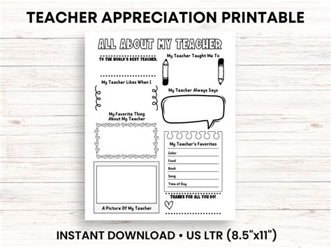 All About My Teacher Printable Teacher Appreciation T Etsy