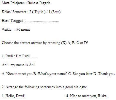 Vii (tujuh) / 2 standar kompetensi : Soal UAS UKK Bahasa Inggris kelas 7 SMP / MTs Semester 1 ...