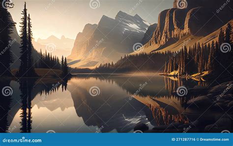 A Serene Mountain Lake Tranquil Peaceful Serene Clear Sunrise