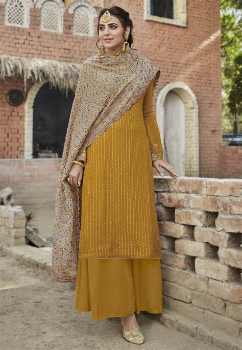 Embroidered Georgette Pakistani Suit In Mustard Kch5509