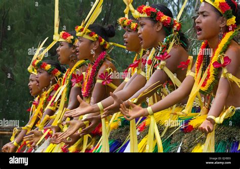 Yapese Girls In Traditional Clothing Singing And Dancing At Yap Day