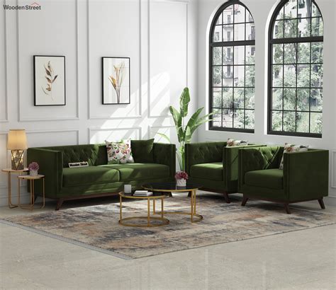 Buy Berlin Fabric Sofa Set Velvet Dark Olive Green Online In India