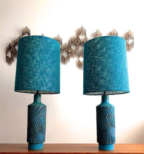 Vintage Mid Century Modern Turquoise Pottery Ceramic Table Lamps