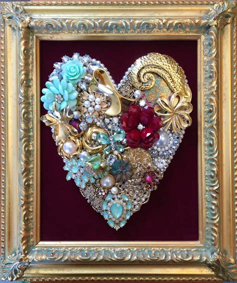 Beautiful Vintage Jewelry Framed Art Handmade Heart Upcycled