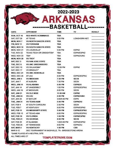 Printable 2022 2023 Arkansas Razorbacks Basketball Schedule
