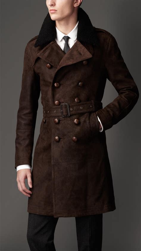 Lyst Burberry Mid Length Shearling Collar Suede Trench Coat In Brown