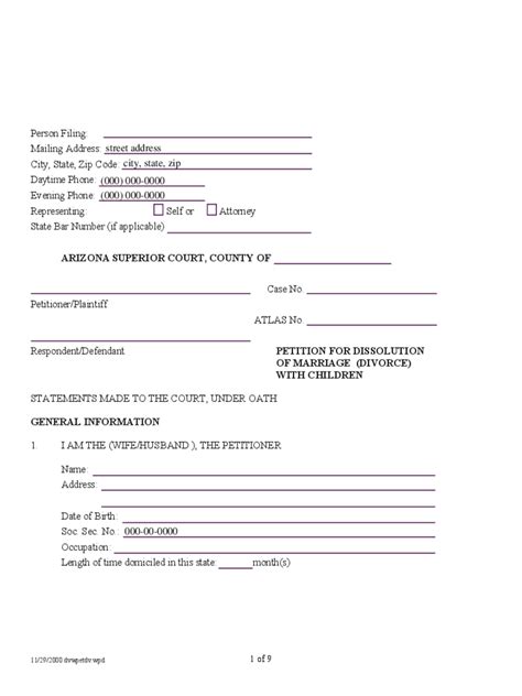 Arizona Divorce Forms Free Templates In Pdf Word Excel To Print