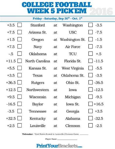 College Football Pickem Printable Sheets Printable Word Searches
