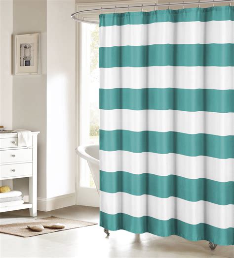 Teal And White Fabric Shower Curtain Nautical Stripe Design