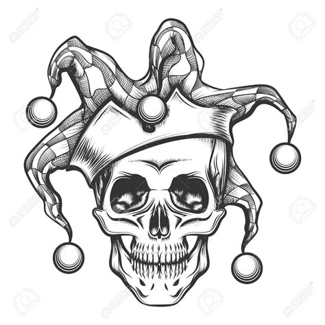 Hand Drawn Jester Skull In Fools Cap Vector Illustration In