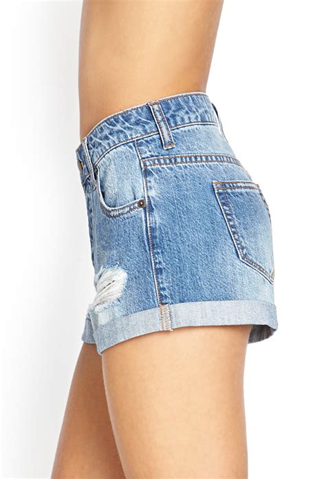 Lyst Forever 21 Cuffed Distressed Denim Shorts In Blue