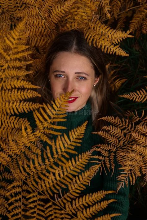 Beautiful Woman Lying In Ferns In Autumn Forest Stock Photo Image Of