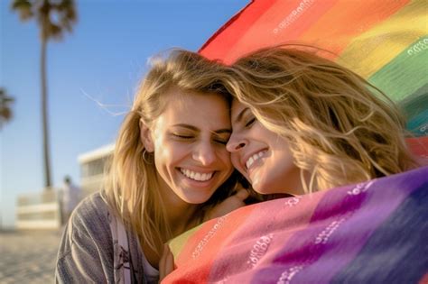 Premium Ai Image Happy Lesbian Couple Celebrating On The Beach The Lgbtq Pride Parade In Tel Aviv