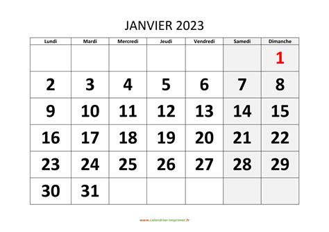 Calendrier Janvier 2023 à imprimer