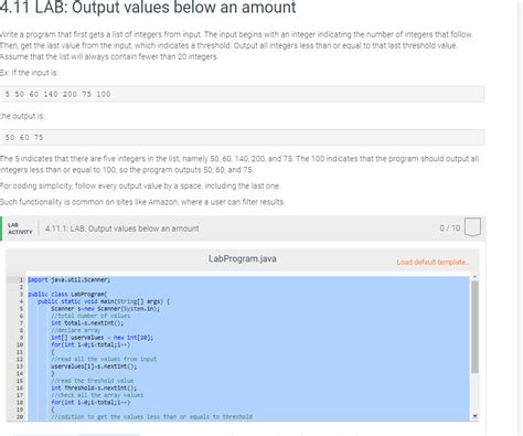 Solved Lab Output Values Below An Amount For Java P Chegg Com