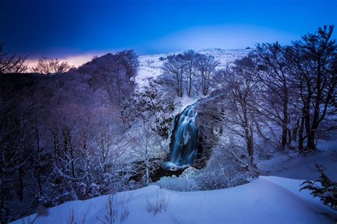 France Auvergne Winter Snow Mountain River Waterfall Tree Nature