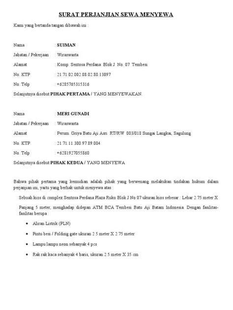 8+ Contoh Surat Perjanjian Sewa Ruko/Kios di Pasar & Tempat Usaha (PDF