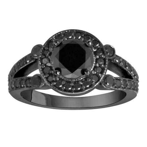 Black Diamond Engagement Ring 14k Black Gold 160 Carat Unique Halo