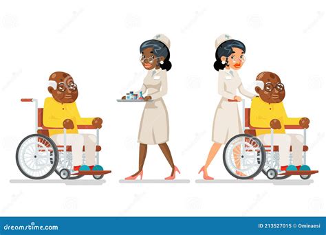 African Afro American European Doctor Attendant Nurse Elderly Carries