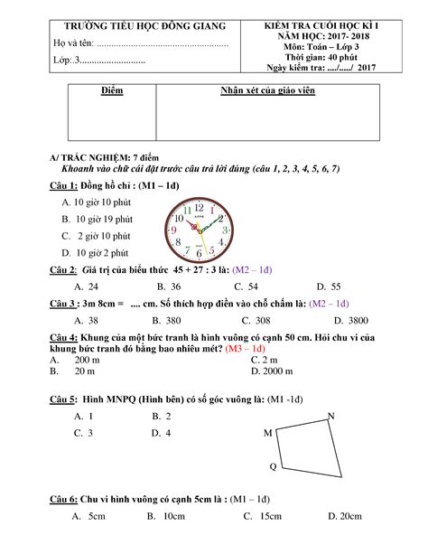 Bộ đề Thi Học Kì 1 Môn Toán Lớp 3 Năm 2017 2018 Hocmai